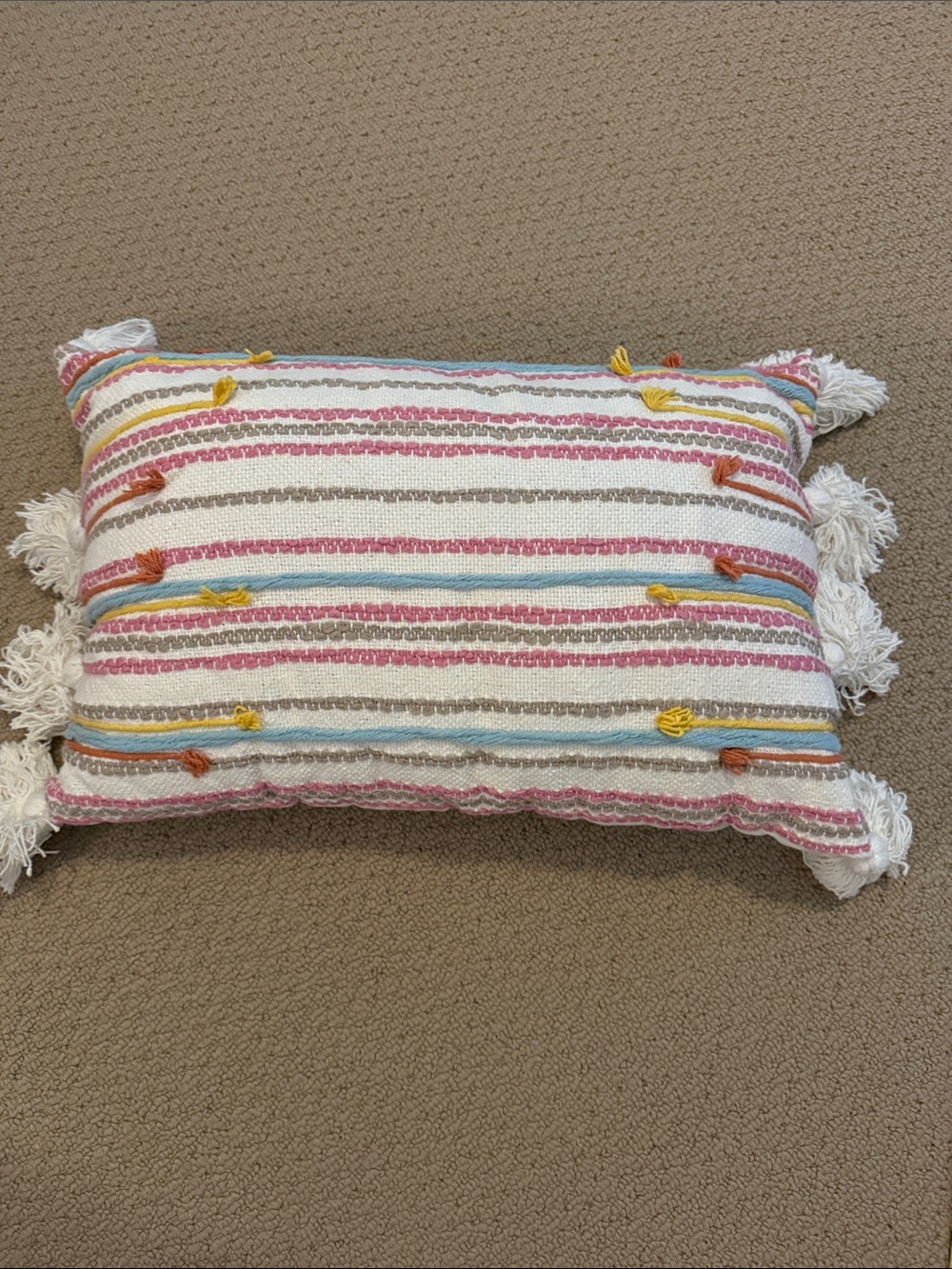 Decorative Striped Tassel Throw Pillow - White with Pink, Blue & Yellow Accents